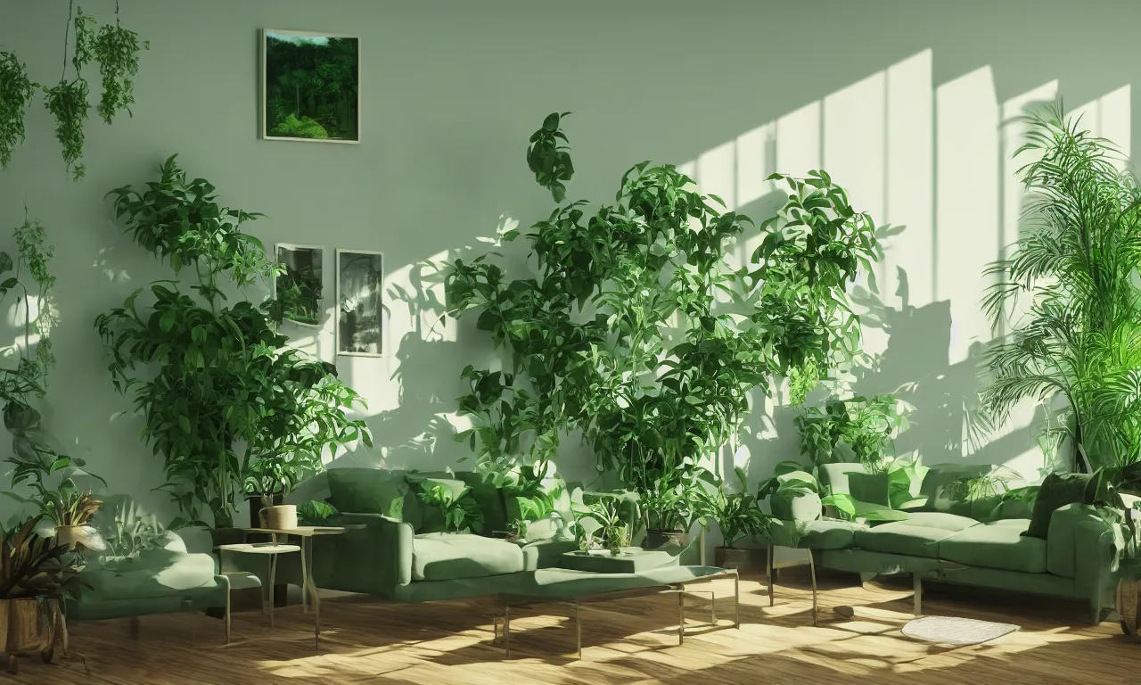 Prompt: comfy green living room with many plants, complicated liminal interior, Lynchian, unsettling, dreamlike with vapor clouds and painting by Henri Rousseau, 3D render by Beeple and Barry Chuckle, layered, parallax effect