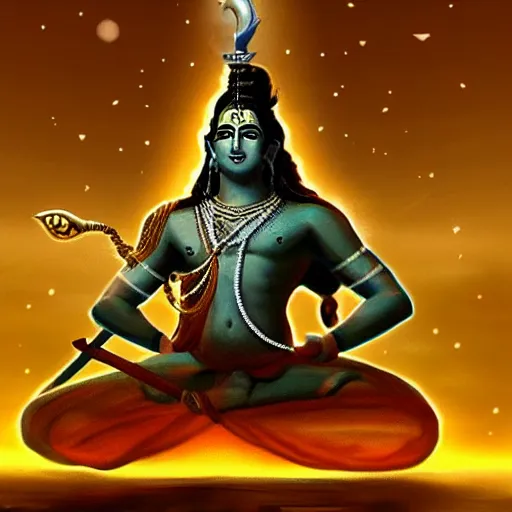 Image similar to Lord Shiva holding trident in the space , glowing effect, universe, concept art trending on artstation , realistic,