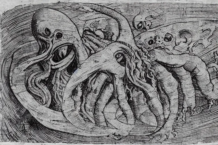 Image similar to Leonardo da Vinci's manuscript about Cthulhu