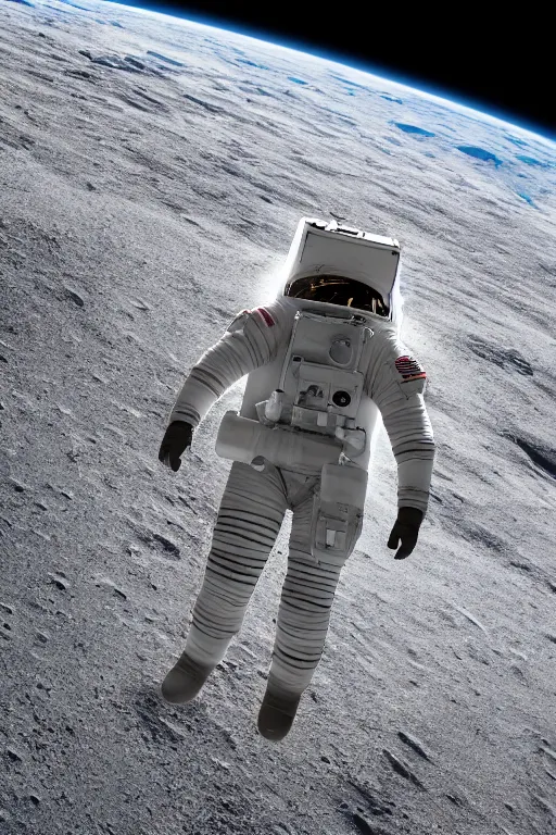 Image similar to a bottom view of a walking astronaut, photography, out - space background, cinematic lighting, 8 k