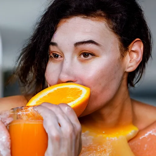 Prompt: a person bathing in orange juice, portrait photograph