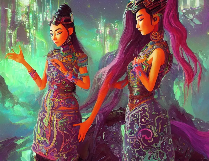 Prompt: central asian scifi princess of the cloud forest, wearing a lovely dress with cyberpunk details. this oil painting by the beloved children's book author has an interesting color scheme and impeccable lighting.