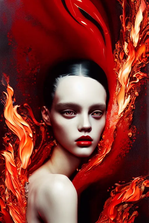 Prompt: 3 d, fashion model, flame, liquid black and red water, morning, vogue cover style, poster art, high detail, intricate oil painting, multiple exposure, heaven mood, hyperrealism, 3 d, by tooth wu and wlop and beeple and greg rutkowski