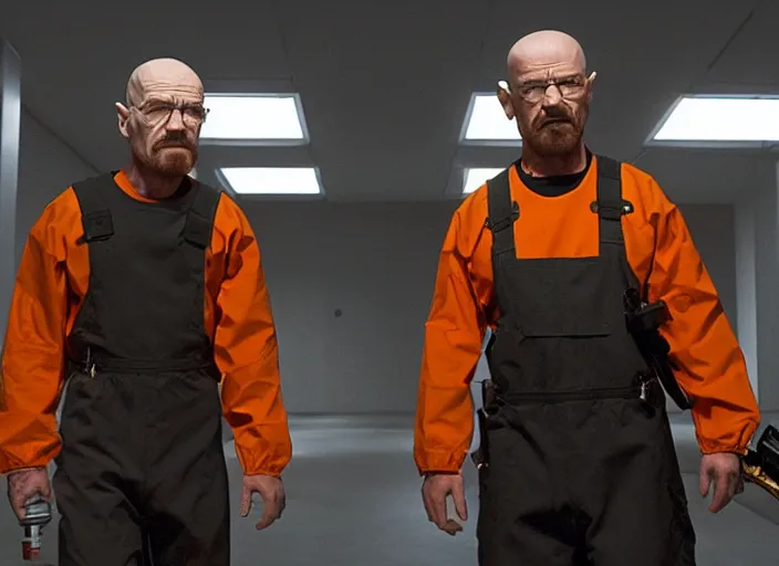 Image similar to film still of Walter White as Gordan Freeman wearing Black and orange Black Mesa Jumpsuit holding a gravity gun in the Half Life Movie, 4k