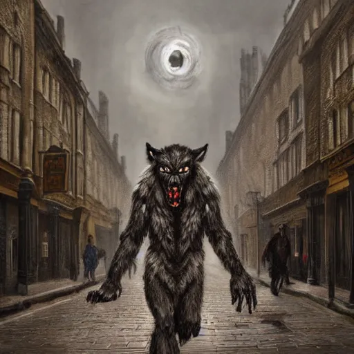 Image similar to terrifying werewolf walking through the center of old london city, oil painting, gloomy misty atmosphere, symmetrical, full body image, highly ornate intricate details, very sharp photo,