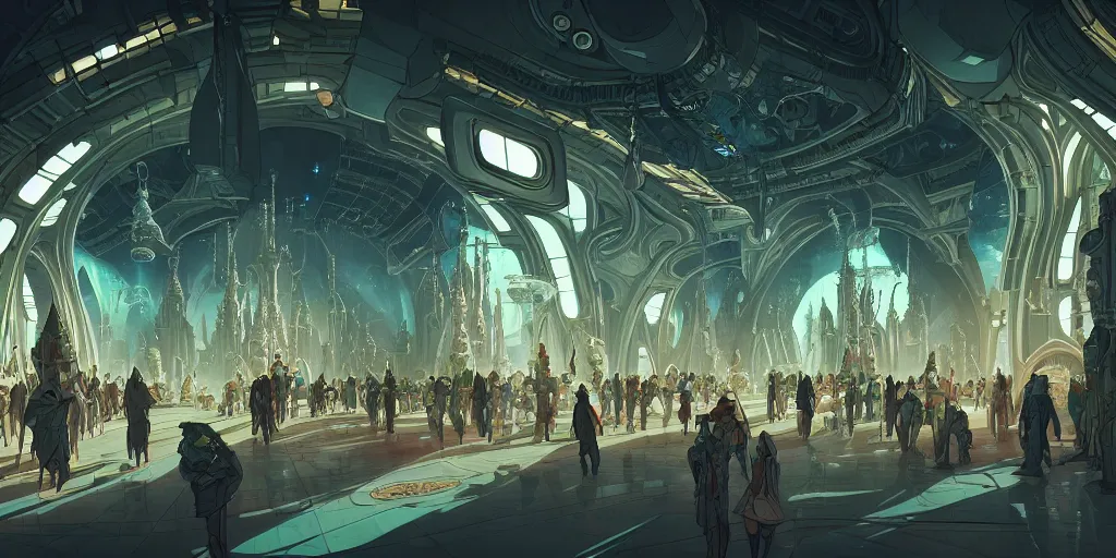 Image similar to cel shaded cinematic shot of the interior of a sci-fi space station with ornate Elven architecture bustling with people, epic castle, emerald, crystalline, detailed illustration, sharp focus, concept art
