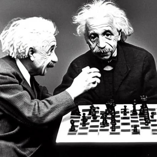 Prompt: Albert Einstein playing chess against an humanoid alien in the middle of nowhere, old black and white footage, realistic, historical picture