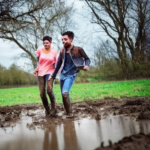 Prompt: a young couple rolling in the mud