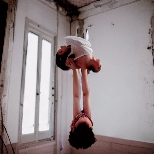 Prompt: a woman floating suspended above the floor in the room of an old house, 3 5 mm, sunlight