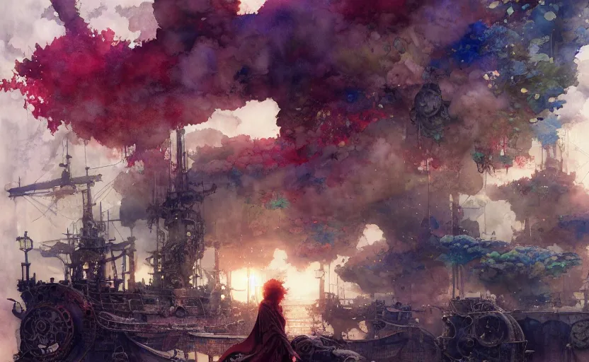 Prompt: airshps fleet, fantasy, steampunk. intricate, amazing composition, colorful watercolor, by ruan jia, by maxfield parrish, by marc simonetti, by hikari shimoda, by robert hubert, by zhang kechun, illustration, gloomy