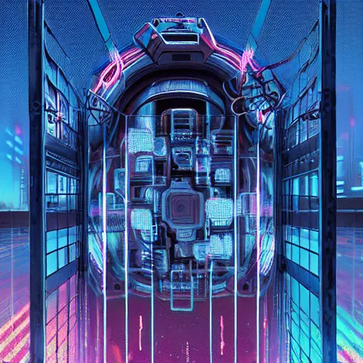 Image similar to a digital painting of clouds and a gate, cyberpunk art by mike winkelmann, behance contest winner, psychedelic art, tesseract, apocalypse art, darksynth