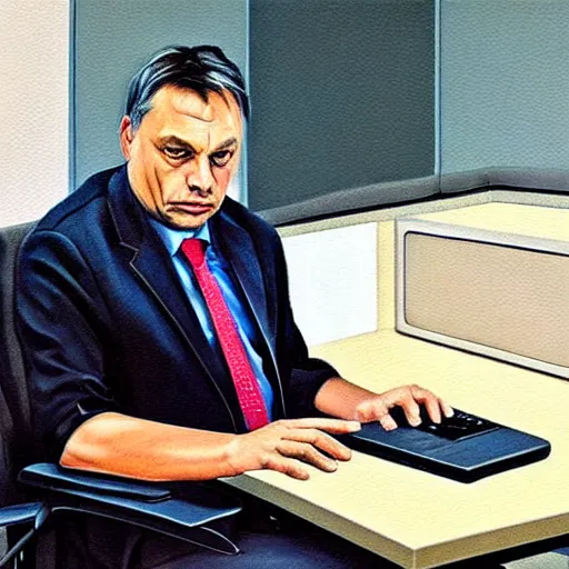 Image similar to viktor orban programming a computer in a cubicle, oil painting