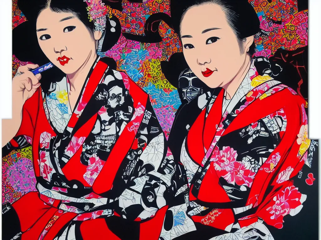 Image similar to hyperrealism composition of the detailed woman in a japanese kimono sitting at an extremely detailed poker table with darth vader, fireworks on the background, pop - art style, jacky tsai style, andy warhol style, acrylic on canvas