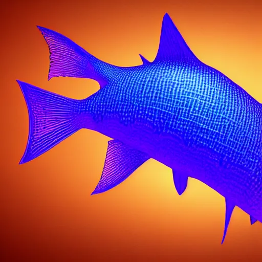 Image similar to a hyperrealistic 3 d octane render of a fish made entirely of gigantic mandelbrot fractals, unreal engine, dramatic lighting, volumetric lighting, backlit, vray lighting, ray tracing, ultra detailed, photorealism, neon, glowing