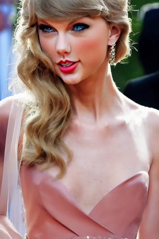 Image similar to waist - up - photo!!!!!!!!!!!! of taylor swift in a beautiful wedding dress, focus on face and facial details. ( ( ( ( ( ( head - shot ) ) ) ) ) )