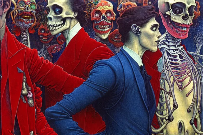 Image similar to realistic detailed closeup portrait painting of a single skeleton wearing red velvet blazer in a crowded futuristic moscow street by Jean Delville, Amano, Yves Tanguy, Alphonse Mucha, Ernst Haeckel, Edward Robert Hughes, Roger Dean, cinematic composition, dynamic pose, rich moody colours, blue eyes