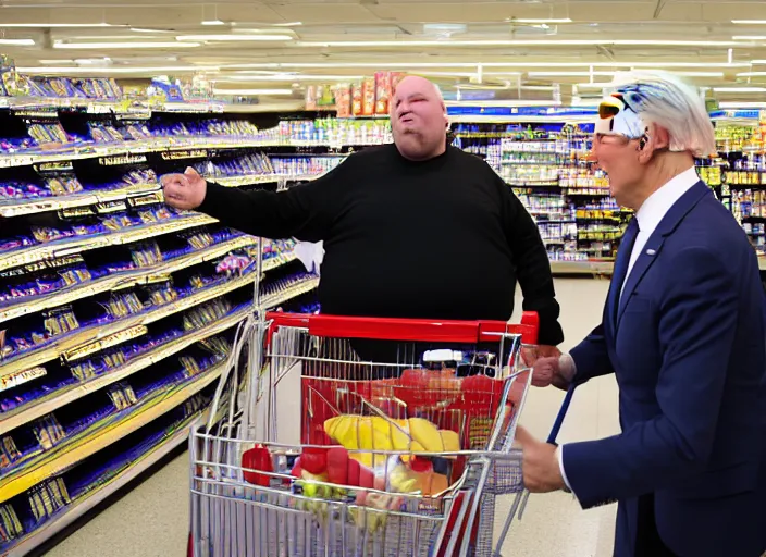 Image similar to Joe Biden punching a fat man at the supermarket, 8K, high quality, highly detailed