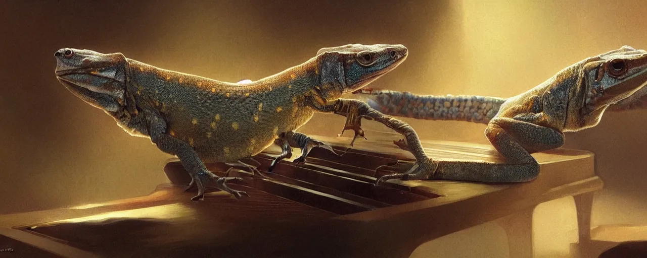 Prompt: a bibrons gecko playing a piano intricate, cinematic lighting, highly detailed, digital painting, artstation, concept art, smooth, sharp focus, illustration, art by Artgerm and Greg Rutkowski and Alphonse Mucha