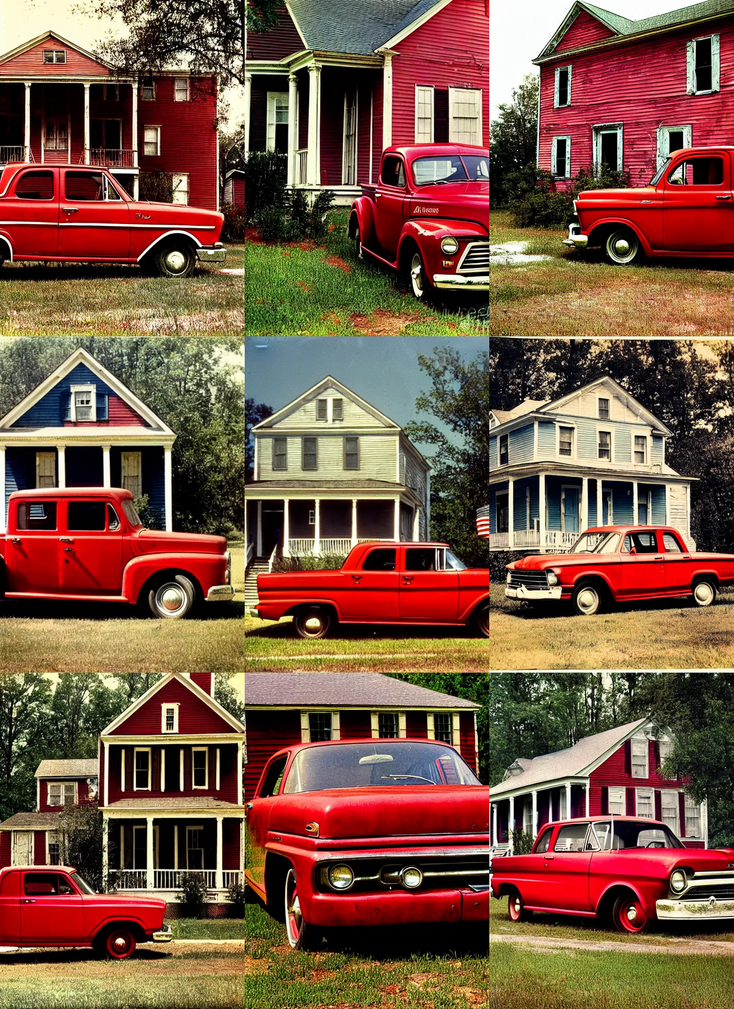 Prompt: a vintage a real photo by william christenberry of a red ford parked in front of an american traditional house