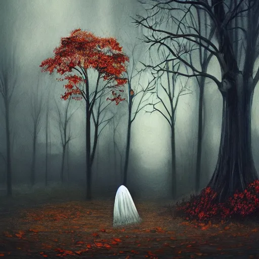 Image similar to ominous bedsheet ghost standing in an autumn forest, oil painting, brush strokes, gloomy misty atmosphere, symmetrical, full body image, highly ornate intricate details,