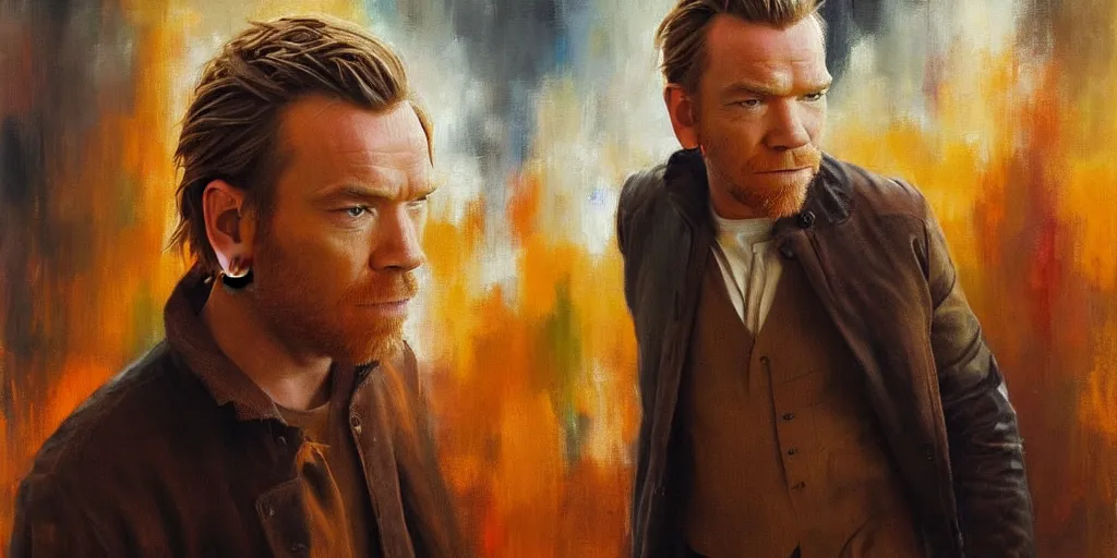 Image similar to we see ewan mcgregor from side. atmospheric feeling, warm colours, brown colours, yellow colours, epic scene, cinematic, very detailed, oil painting