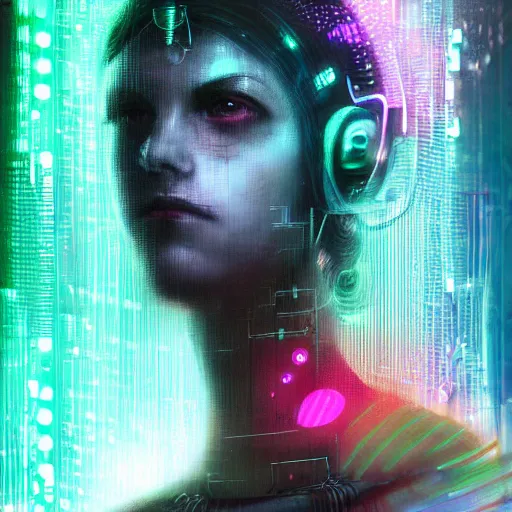 Prompt: female cyberpunk portrait by cy Twombly and BASTIEN LECOUFFE DEHARME, highly detailed circuit boards, led display, iridescent fractal, integrated wiring, high tech, neon lights, artistic