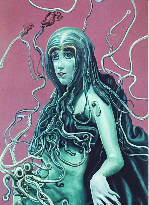 Image similar to 1978 film still from an Italian horror film of a wealthy young woman in her school uniform as the Queen of slimy tentacles clothed completely in silk looking at you intensely with seductively serious eyes while being consumed slowlyby the sadist Squid Devil. ultra detailed painting at 16K resolution and epic visuals. epically surreally beautiful image. amazing effect, image looks crazily crisp as far as it's visual fidelity goes, absolutely outstanding. vivid clarity. ultra. iridescent. mind-breaking. mega-beautiful pencil shadowing. beautiful face. Ultra High Definition. process twice.