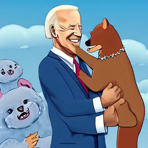 Prompt: joe biden cuddling in heaven with furries