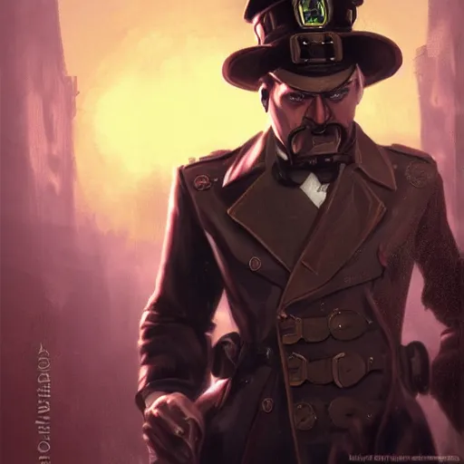 Image similar to steampunk soviet policeman, fog, darkness, evil, magic the gathering artwork, D&D, fantasy, cinematic lighting, centered, symmetrical, highly detailed, digital painting, artstation, concept art, smooth, sharp focus, illustration, volumetric lighting, epic Composition, 8k, art by Akihiko Yoshida and Greg Rutkowski and Craig Mullins, oil painting, cgsociety