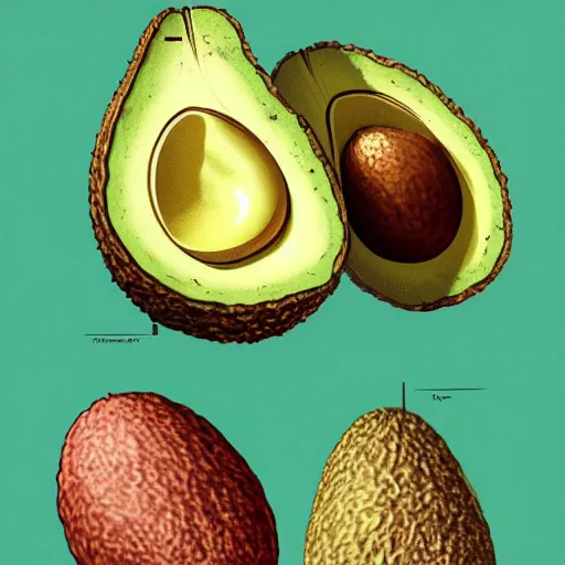 Image similar to anatomy of a avocado, da vinci notes, ultradetailed, artstation