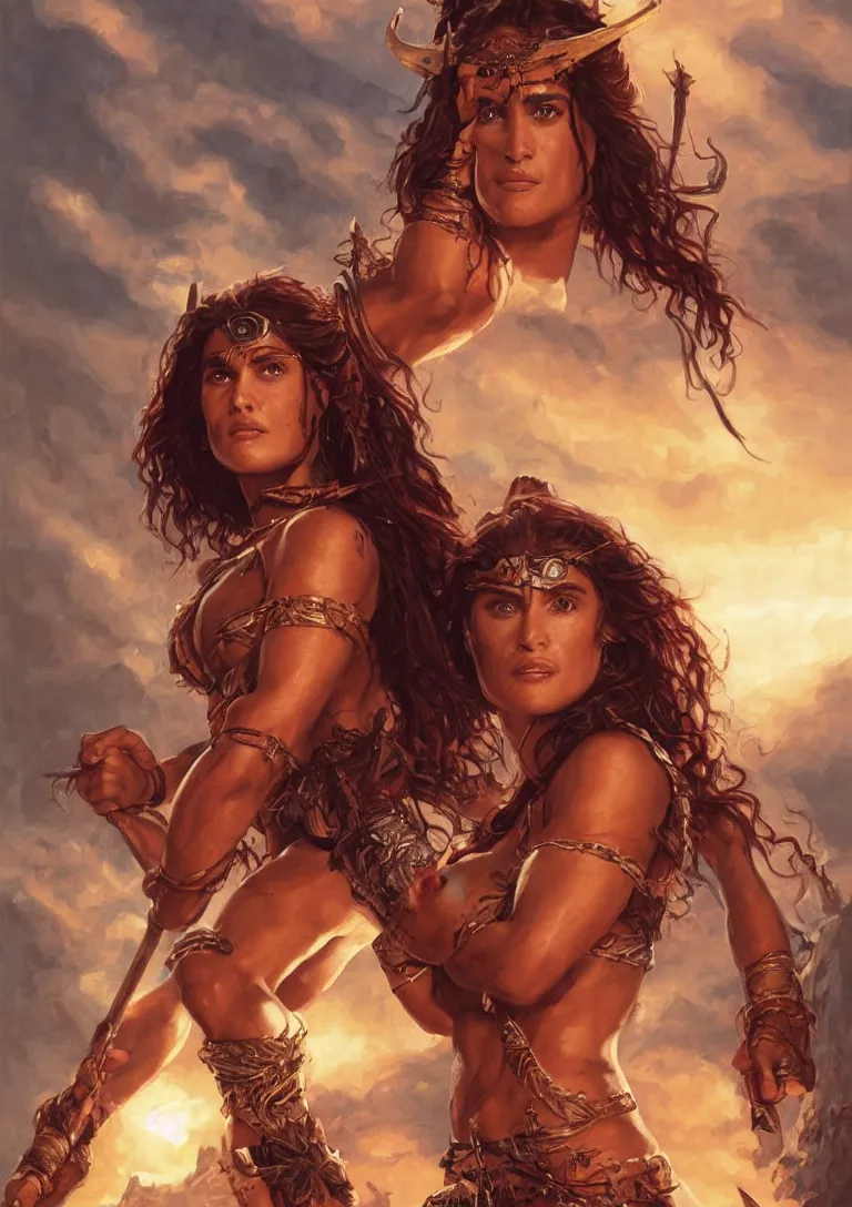 Image similar to young Salma Hayek as a barbarian from conan, detailed, centered, digital painting, artstation, concept art, donato giancola, Joseph Christian Leyendecker, WLOP, Boris Vallejo, Breathtaking, 8k resolution, extremely detailed, beautiful, establishing shot, artistic, hyperrealistic, beautiful face, octane render