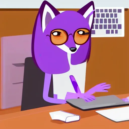 Prompt: Light pink anthropomorphic fox with purple hair typing at a computer on a desk with a coffee cup steaming next to it