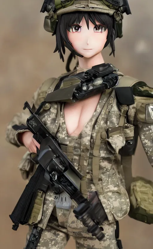 Prompt: portrait of the action figure of a female soldier, highly detailed, high resolution, toy, good smile company anime style, japanese collection product, stunning, girls frontline style, bokeh soft, 100mm, trending on instagram, by professional photographer, realistic human anatomy, realistic military carrier, modern warfare, realistic weapon, shot with a arriflex 35 ii, low saturation, small eyes, desert in background