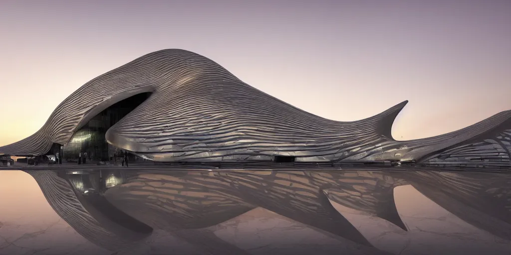 Image similar to extremely detailed ornate stunning sophisticated beautiful elegant futuristic museum exterior by Zaha Hadid, stunning volumetric light, sunset, concrete ant translucent material, stunning skies, 8k dragonfly structural pattern