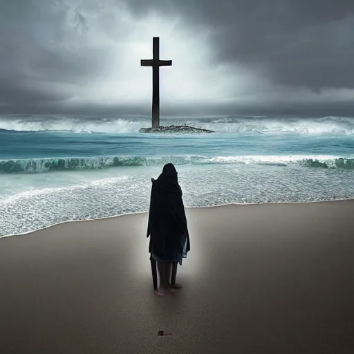 Image similar to a highly detailed matte painting of a large cross standing on the beach as a storm comes in with the tide, woman in a chair watching the ocean, epic fantasy, god rays, rocky beach, ultrawide lense, aerial photography, unreal engine, exquisite detail, 8 k, art by greg rutkowski and alphonse mucha