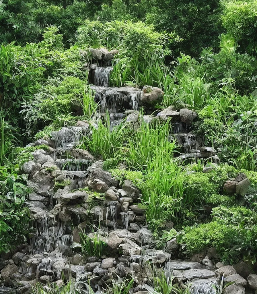 Image similar to a garden, in which there is a flowing water sculpture made of bamboo, garden landscape and symmetrical landscape ， by andre le notre ， trending ，