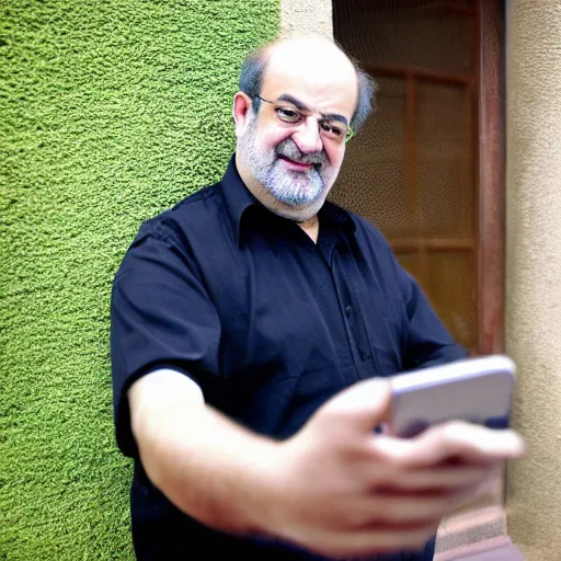 Image similar to selfie of salman rushdie with phone