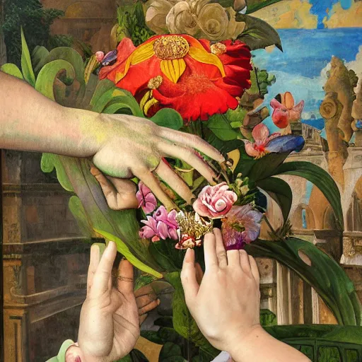 Prompt: photorealistic beautiful hands holding only one big elaborate maximalist flower. mixed media 3d and oil painting in the style of Michelangelo, Banksy and Gauguin, with flemish baroque details. made of hyperdetailed vivid fabric textures. wide wide wide view HD 8x matte background