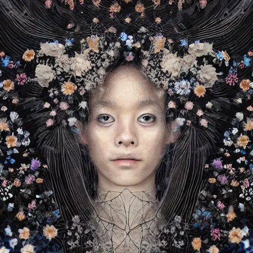 Prompt: A Black background portrait of An angel in a dress made of flowers by Steve McCurry and (((Yoshitaka Amano))),In style of digital illustration art,Rembrandt lighting,Ray tracing,hyper detailed,sharp focus,Soft light.4k