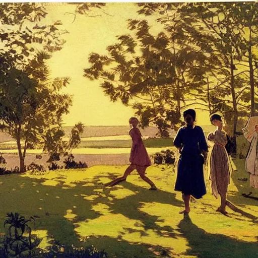 Image similar to Print. Conceptual art, the warm, golden light of the sun casts a beautiful glow on the scene, and the gentle breeze ruffles the leaves of the trees. The figures in the conceptual art are engaged in a simple activity, the way they are positioned and the expressions on their faces suggest a deep connection. Peace and contentment, idyllic setting. by Walter Langley evocative, subtle