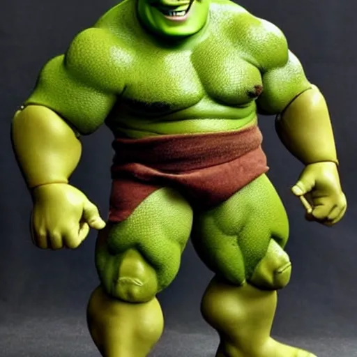 Image similar to a muscular shrek action figure that was released in 2 0 0 8 and is made out of cheap plastic looks really cheap and poorly made and is being sold on ebay