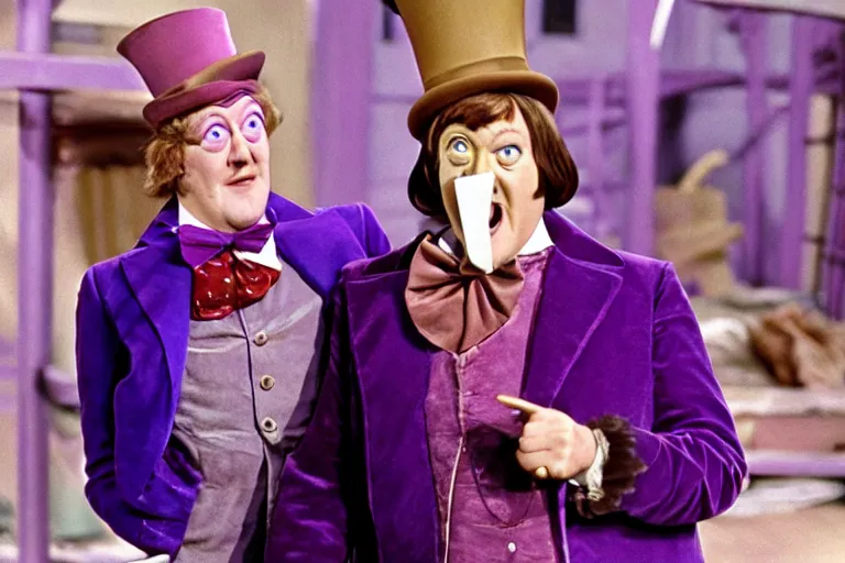 Prompt: Film still of Stephen Fry as Willy Wonka in Willy Wonka and the Chocolate Factory 1971