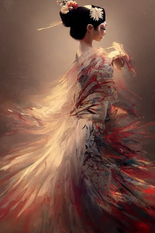 Prompt: geisha prima ballerina dancing in the wind, intricate, elegant, volumetric lighting, digital painting, highly detailed, artstation, sharp focus, illustration, concept art, ruan jia, steve mccurry