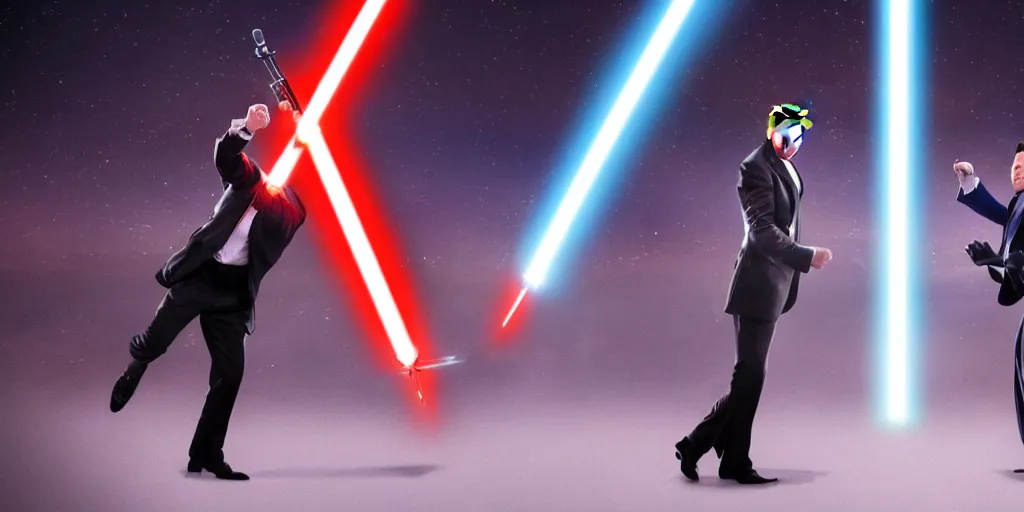 Prompt: a professional cinematic photo of donald trump vs elon musk, lightsaber dueling on top of white house. extremely high fidelity. key light.