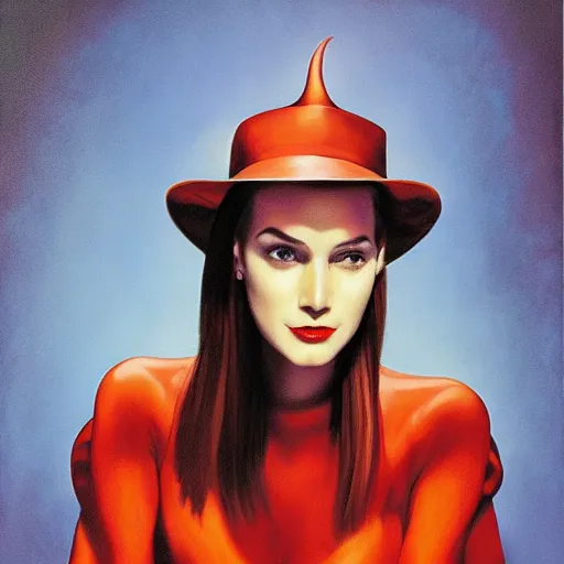 Image similar to portrait of a woman with ( horns ) that peek out of her hat, by alex ross.