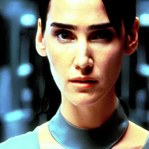 Image similar to jennifer connelly in matrix, cinema, still from movie, action, blu ray, 4 k, strong acting