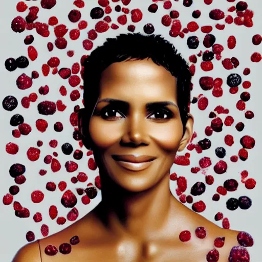 Prompt: a portrait of of halle berry constructed from berries, collage, drop shadow, organic, layered composition, layers, texture, mcu, petals, highly textured, layered, sculpted, dynamic,