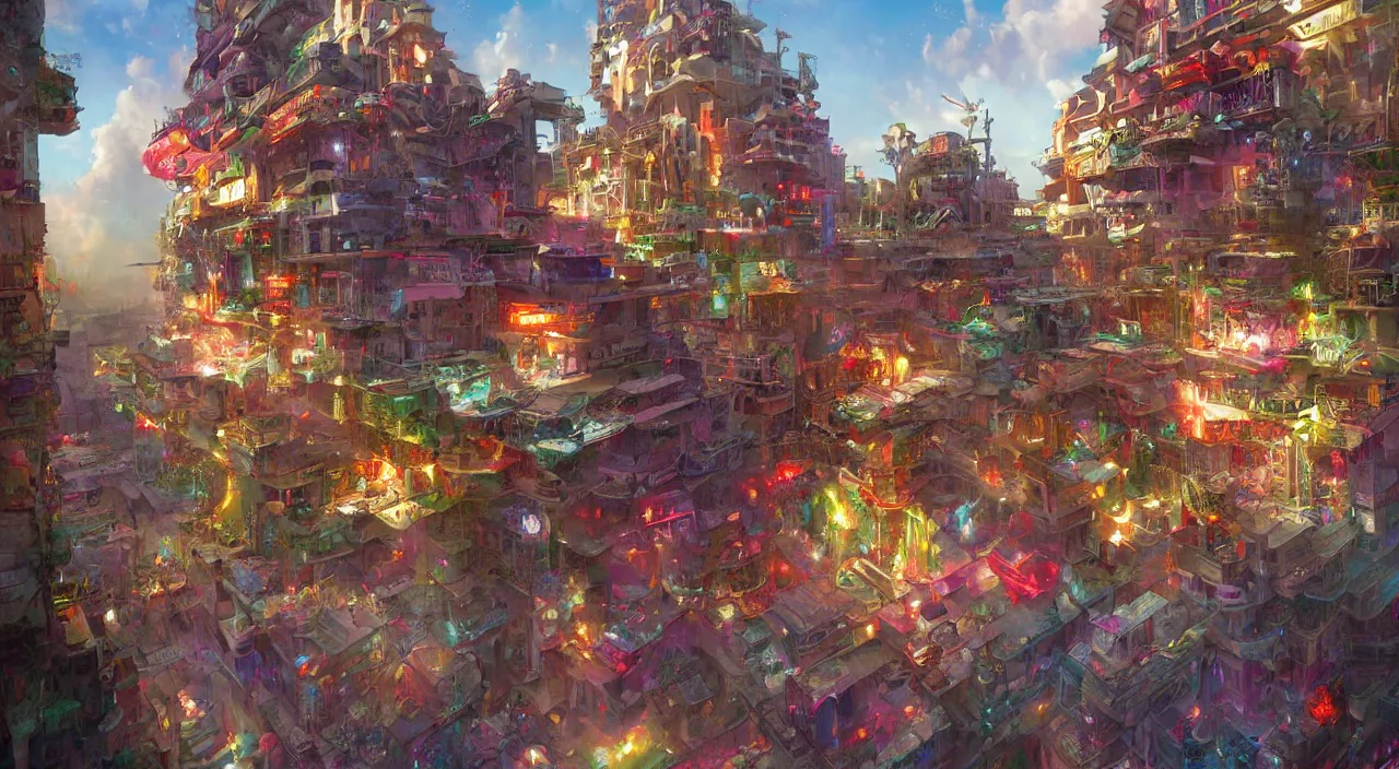 Image similar to bazaar zouk place aladin block greeble multicolorful sky shine mattepainting, street art, trending on artstation, by huang guangjian and gil elvgren and sachin teng