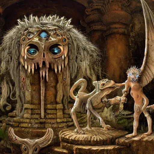 Image similar to creatures that inhabit the ancient aztec ruins by anne stokes and gustave dore