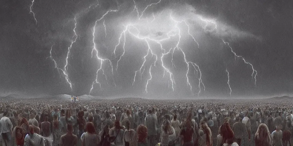 Prompt: cinematic view of coachella with crowds centered around statue of mark zuckerberg, severe weather storms, ultra realistic, realism, intricate, digital art, ambient, by beksinski, by jamie hewlett, industrial art style, 3 5 mm film grain, artstation